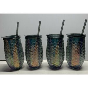 NEW 4 Iridescent textured stemless wine/drink cocktails tumblers lid and straw